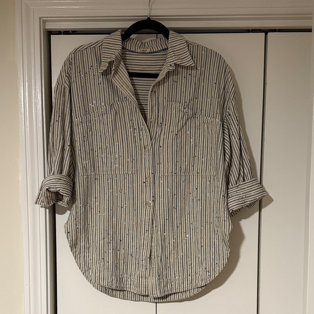 Pilcro Striped Button Down Shirt - Blue and off white with fun speckled paint
